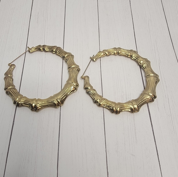 Gold Tone Hoop Earrings 2.5" - Picture 2 of 5